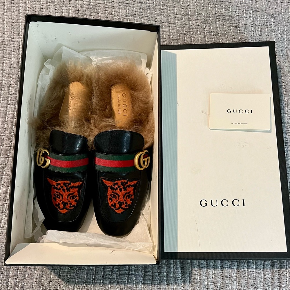 New never worn Gucci Black Leather Fur Lined Princetowns G7 but fits like a US9